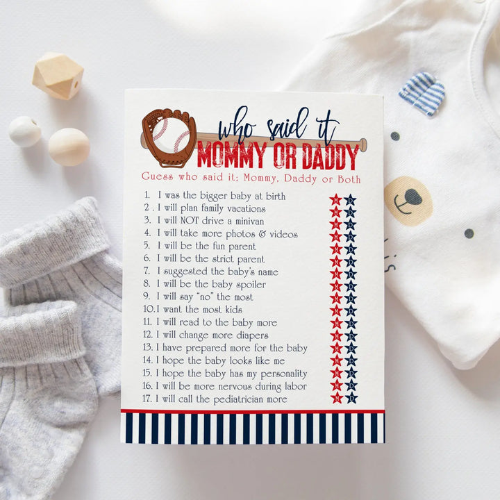 Baseball Mommy or Daddy Baby Shower Game - 25 Pack Guess Who Activity Cards, Sports Themed Red and Blue Gender Reveal, Printed 5x7 Set