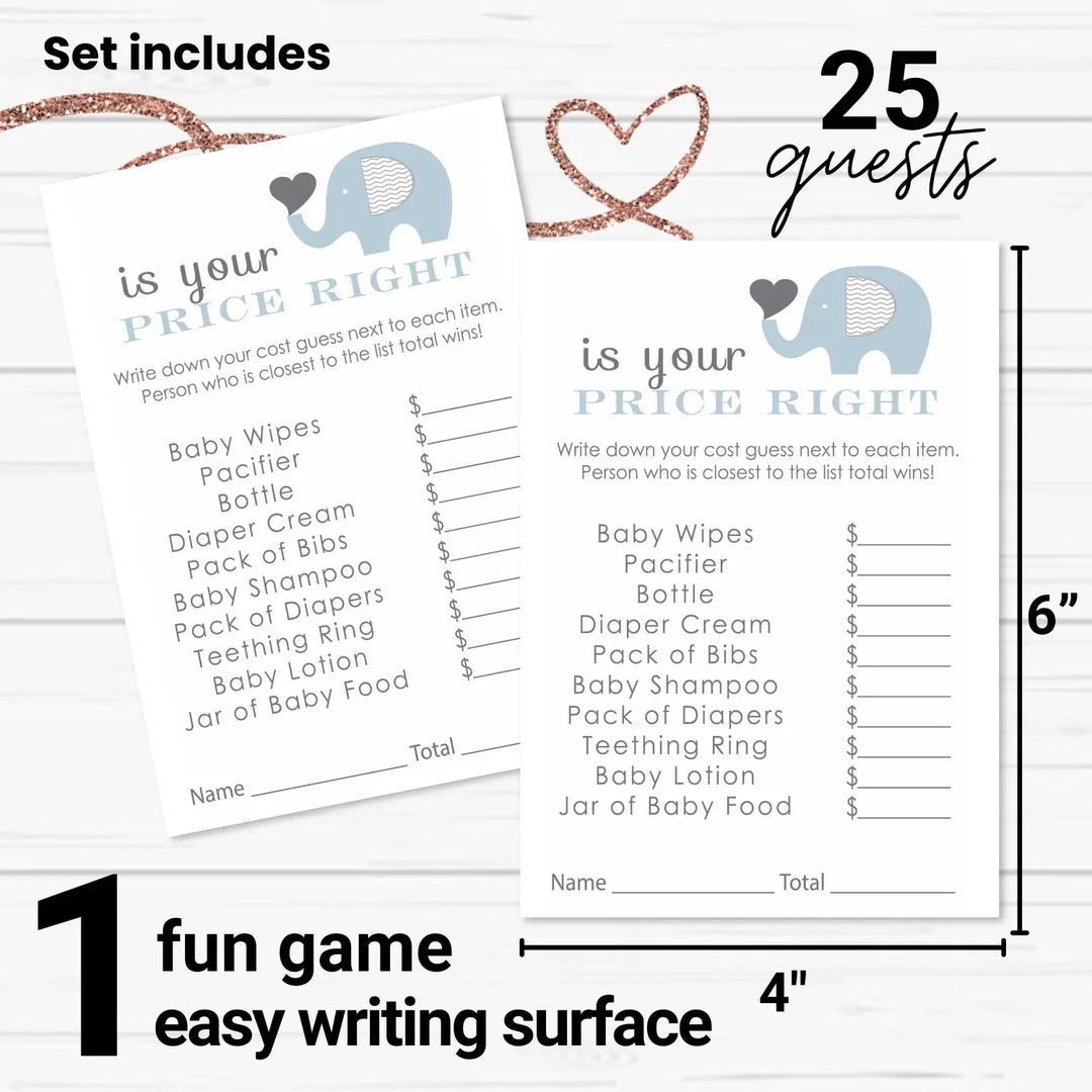 Blue Elephant Guess the Price Baby Shower Games – 25 Pack, Fun Unique Activities for Guests, Jungle Animal Themed, 4x6 Card Set