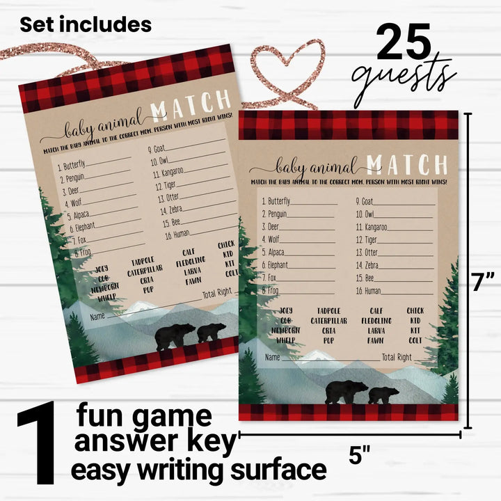 Lumberjack Baby Shower Game Animal Matching for All Occasions Fun Guessing Activities Guests Play, Rustic Bear Red and Black, 5x7, 25 Pack