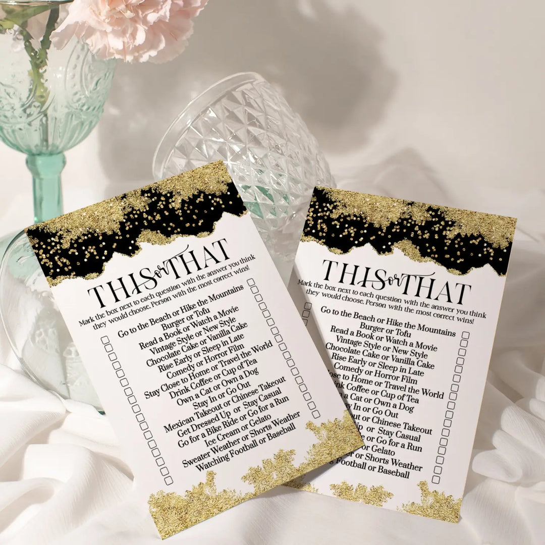 Black and Gold Bridal Shower Games - Would She Rather Bridal Shower Game, Fun This or That for Graduation Party, Rehearsal Dinner, Birthday Girl, Modern Design, 25 Card Pack