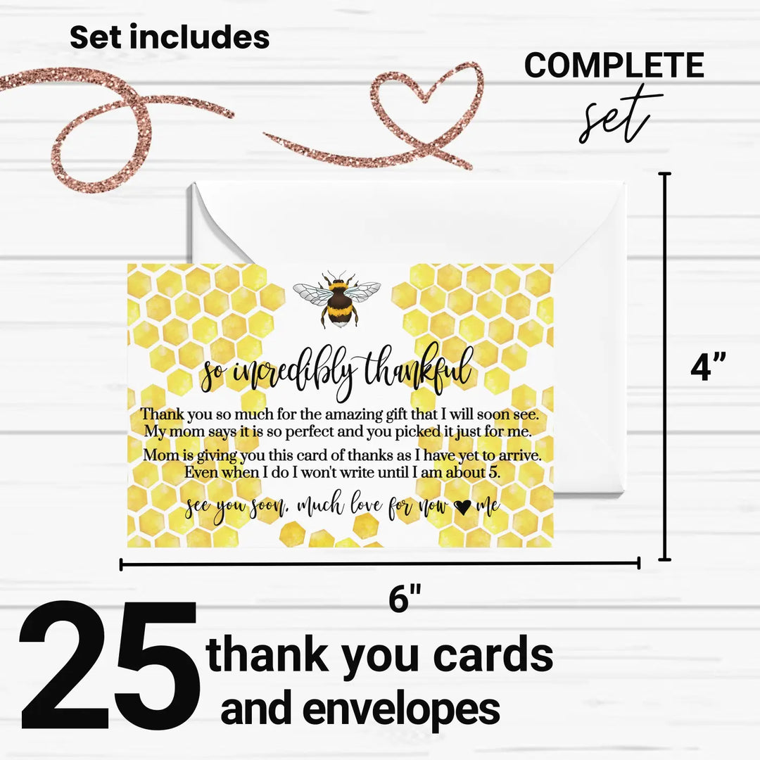 Mama Bee Baby Shower Thank You Cards – Bumblebee Notecards with Envelopes (Pack of 25)