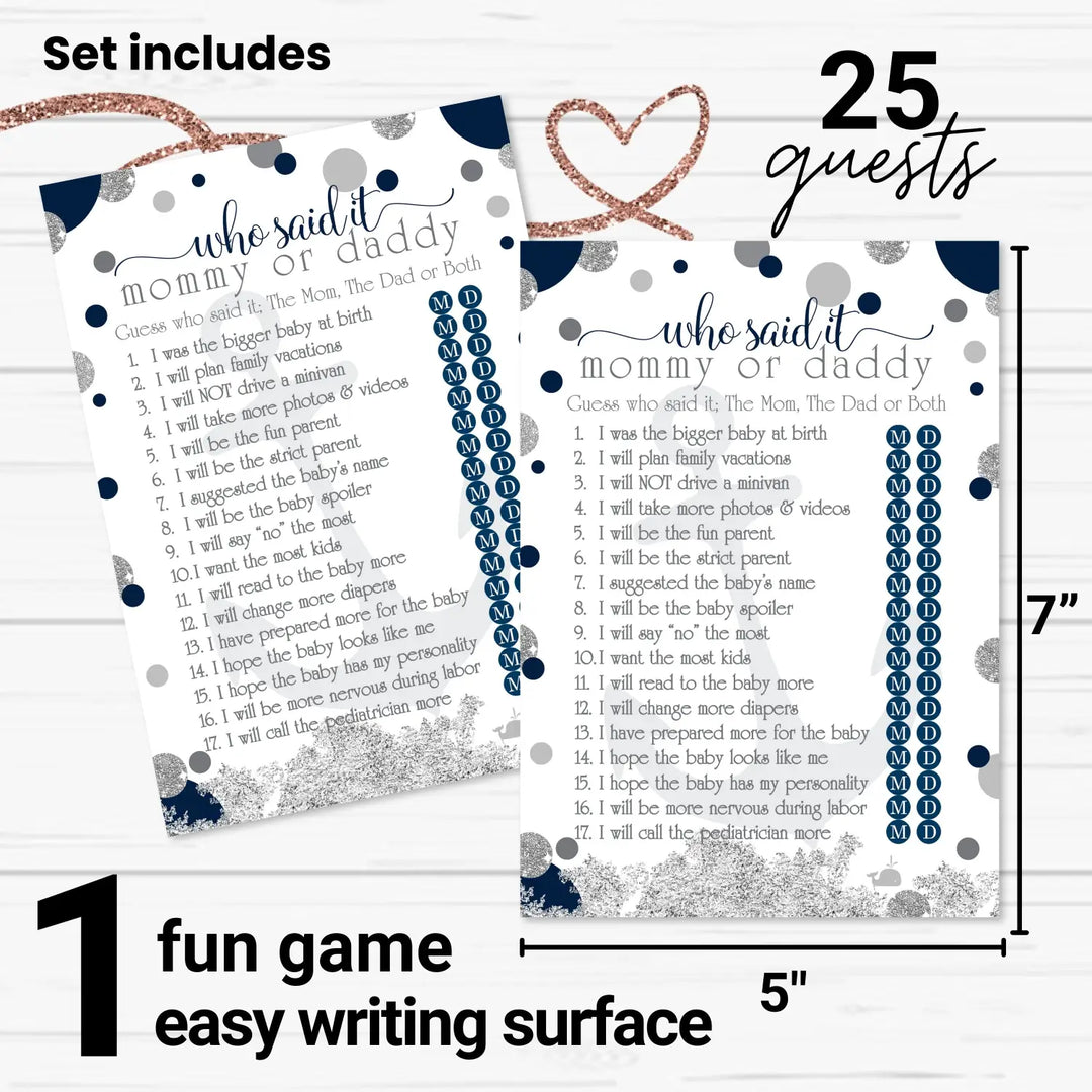 Nautical Mommy or Daddy Baby Shower Game - 25 Pack Guess Which Parent Activity Cards, Ahoy Anchor Themed Blue and Grey Favors, Printed 5x7 Set