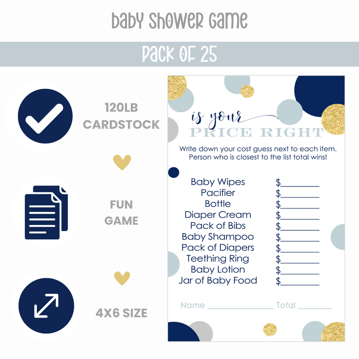 Navy & Gold Twinkle Little Star Baby Shower Game - Royal Prince Theme Price Guess, 25 Activity Cards - Paper Clever Party