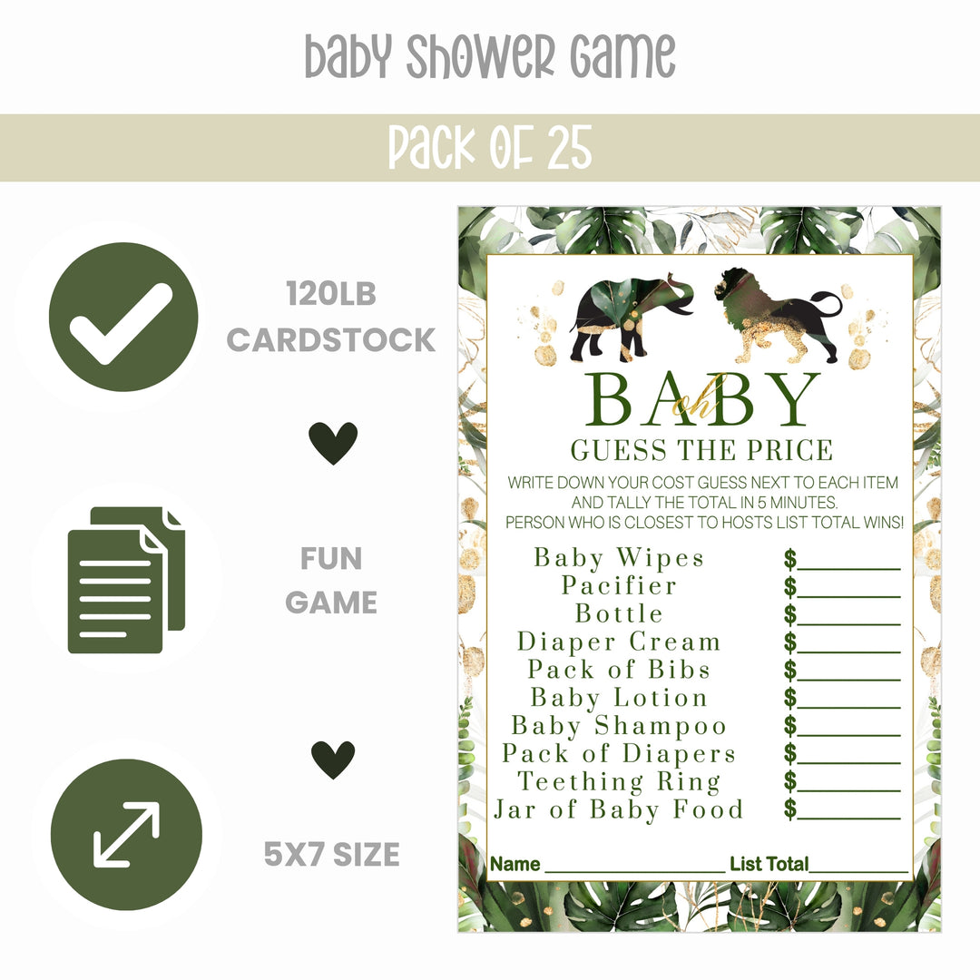 Safari-Themed Guess the Price Baby Shower Game - Tropical Jungle Design, 25 Cards, Greenery & Gold, 5x7 Inches - Paper Clever Party