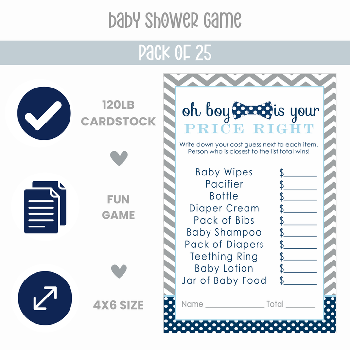 Bow Tie Baby Shower Guess to Price Game, 25 Pack - Paper Clever Party