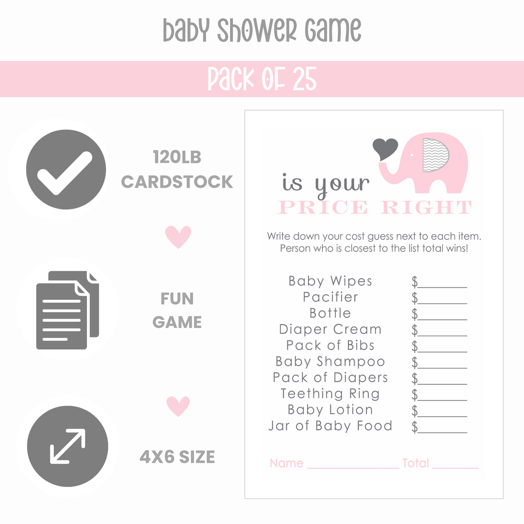 Pink Elephant Baby Shower Guess the Price Game, 25 Pack - Paper Clever Party