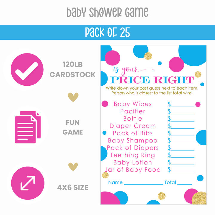 Pink or Blue Gender Reveal Baby Shower Game - Team Guess the Price, Abstract Dots, 25 Activity Cards - Paper Clever Party