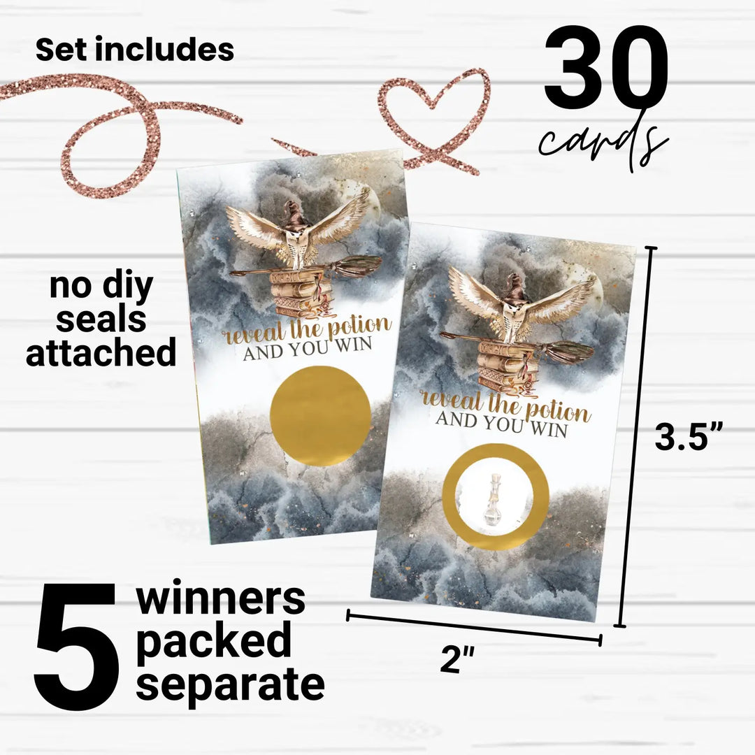 Magic Owl Baby Shower Games - 30 Cards - Fun Scratch Off Game Guest Activities Reveal to Win Prizes, Black and Gold Wedding Favors Halloween Theme Ideas