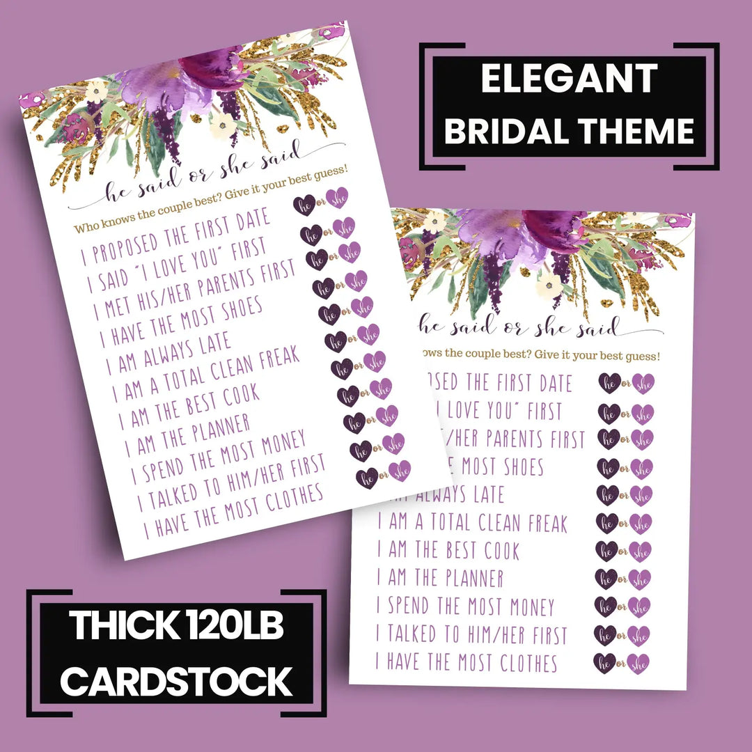 Purple Bridal Shower Games - 25 Cards - He Said or She Said Bridal Shower Game, What Did the Bride and Groom Say Guess Who Wedding Activity - Engagement, Rehearsal Dinner, Modern Floral Design