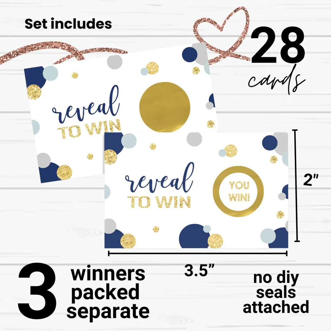 Blue & Gold Scratch-Off Game Cards (28 Pack) - Elegant for Bridal Showers, Baby Showers, Graduation, Retirement