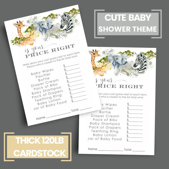 Jungle Guess the Price Baby Shower Games – 25 Guests, Neutral Elephant Themed Activities, Gender Reveal Ideas, 4x6 Card Set