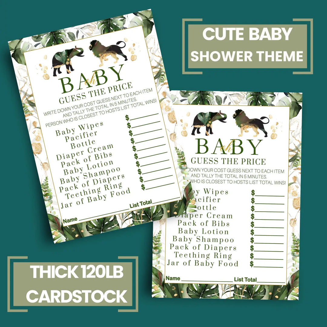 Green and Gold Guess the Price Baby Shower Games – 25 Guests, Tropical Jungle Themed Ideas, Neutral Baby Shower Activities, 5x7 Card Set