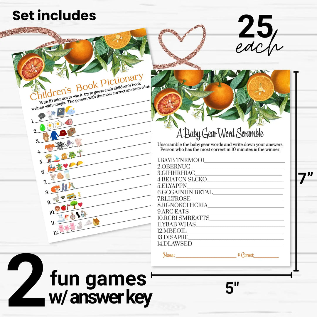 Orange Baby Shower Game Set, Word Scramble & Emoticon Storybook Guess, 5x7 Cards (25 ct)