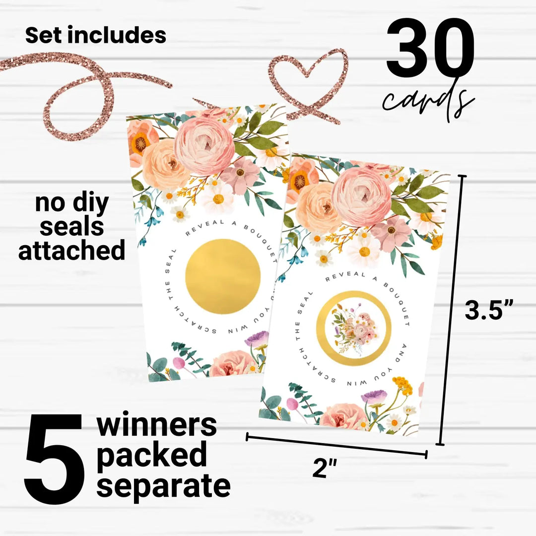 Boho Bridal Shower Scratch Off Games - 30 Cards - Fun Wedding Shower Game or Engagement Party Ideas, Rustic Pink and Cream Floral Themes