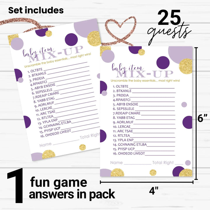 Purple and Gold Baby Shower Games for Girls - Word Scramble Gender Reveal Activities, Prince or Princess Themes, 25 Cards