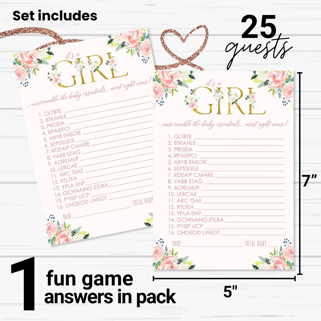 Paper Clever Party Girl Baby Shower Games Rustic - Word Scramble Cards - 25 Baby Shower Activities for Guests Prizes, Boho Floral Theme Pink and Gold Favors, Pack