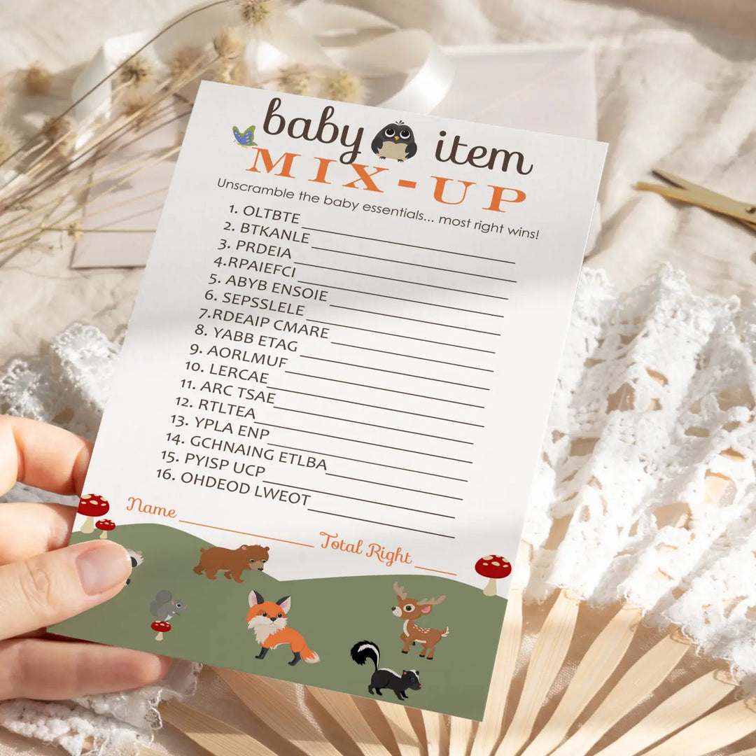 Woodland Baby Shower Word Scramble Game - 25 Pack Unscramble Activity Cards for Gender Reveal - Rustic Forest Animal Theme for Boy Girl - Printed 4 x 6 Size Set
