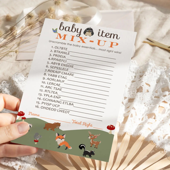Woodland Baby Shower Word Scramble Game - 25 Pack Unscramble Activity Cards for Gender Reveal - Rustic Forest Animal Theme for Boy Girl - Printed 4 x 6 Size Set