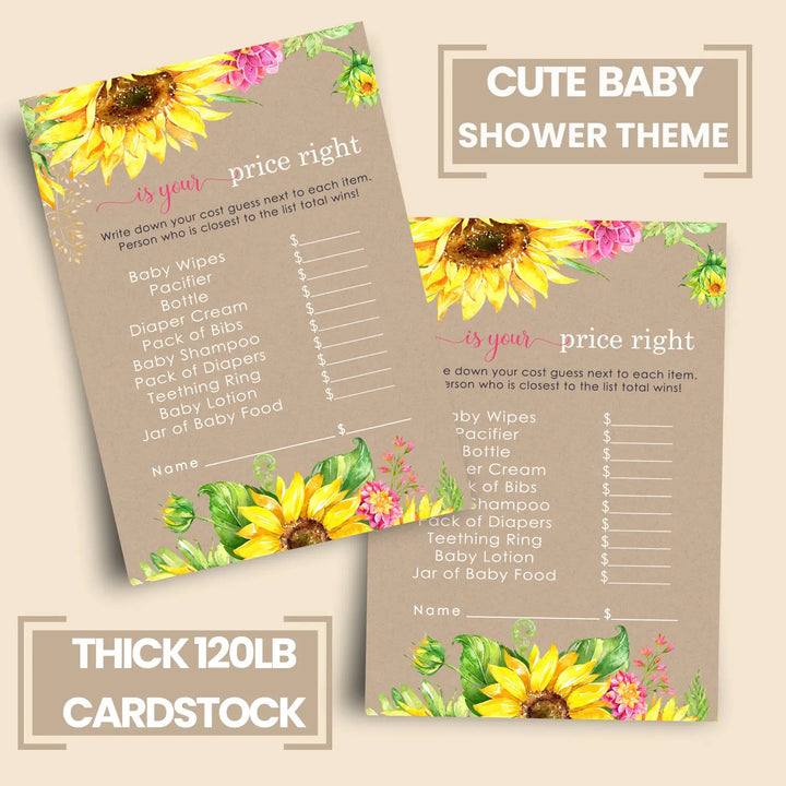 Sunflower guess the price baby shower games – 25 guests rustic fall flower themed activities for girls pink and yellow