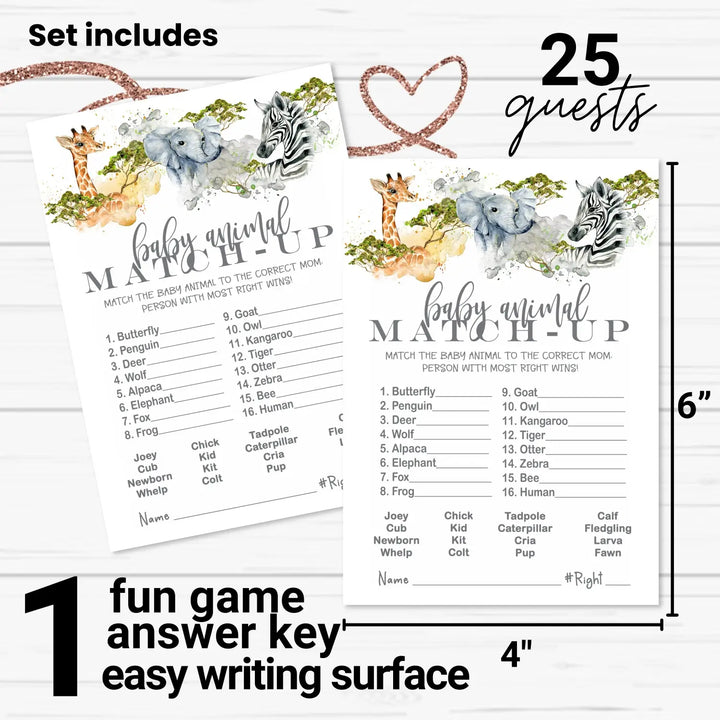 Jungle Baby Shower Game Animal Matching for All Occasions Fun Guessing Activities Guests Play, Gender Neutral Ideas, 4x6, 25 Pack
