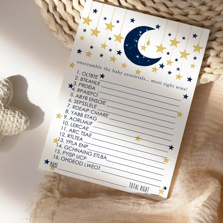 Twinkle Little Star Boy Baby Shower Games - Word Scramble Activities for Guests, Celestial Theme Decorations, Blue and Gold Favors, 25 Cards