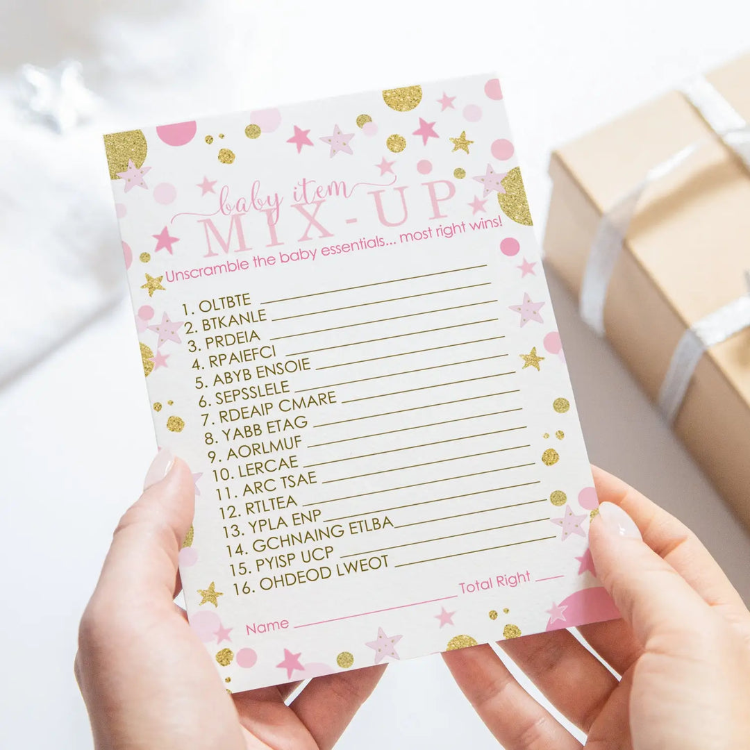 Twinkle Little Star Girl Baby Shower Games - Word Scramble Activities for Guests, Pink and Gold Celestial Decorations, 25 Cards