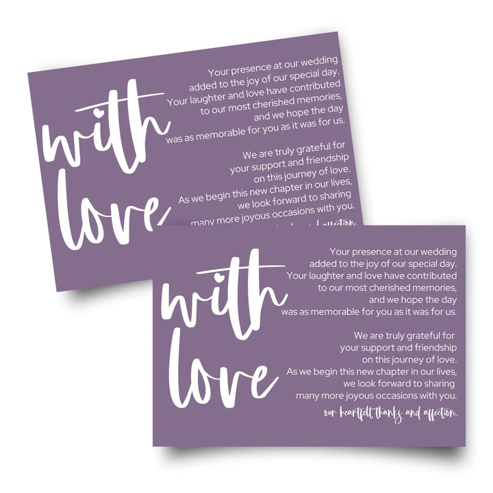 Everafter Plum Wedding Reception Thank You Cards (25 Pack) Modern Table Favors, Elegant Guest Seating Centerpieces, With Love and Gratitude from the Newlyweds, 4x6 Set