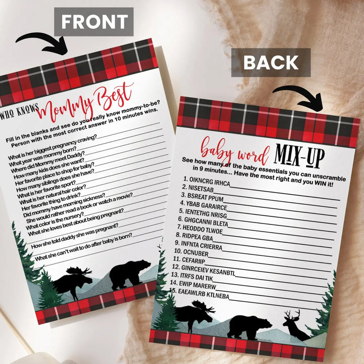 Lumberjack Baby Shower Game Set, Mommy Best and Word Scramble, Rustic Red & Black