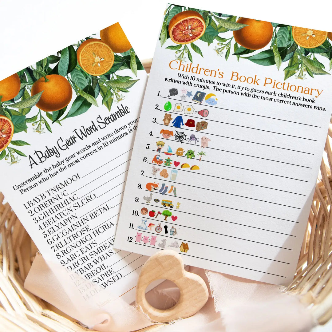 Orange Baby Shower Game Set, Word Scramble & Emoticon Storybook Guess, 5x7 Cards (25 ct)