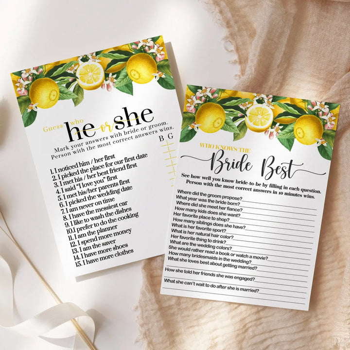 Lemon Bridal Shower Games – Bundle Includes He Said or She Said & Who Knows the Bride Best Wedding Shower Game - Ideas for Engagement Party, Rehearsal Dinner, Main Squeeze Design, 25 Double-Sided Card