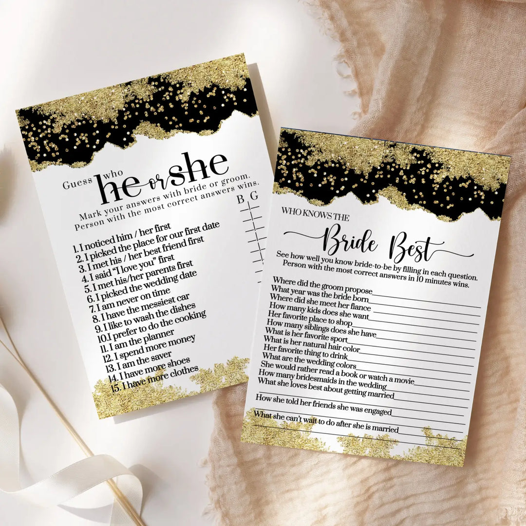 Black and Gold Bridal Shower Games - He Said or She Said & Who Knows the Bride Best Wedding Shower Game - Ideas for Engagement Party, Rehearsal Dinner, Boho Floral Design, 25 Double-Sided Card Bundle