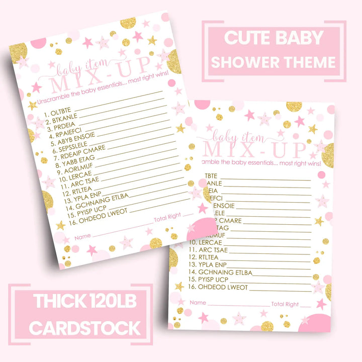 Twinkle Little Star Girl Baby Shower Games - Word Scramble Activities for Guests, Pink and Gold Celestial Decorations, 25 Cards