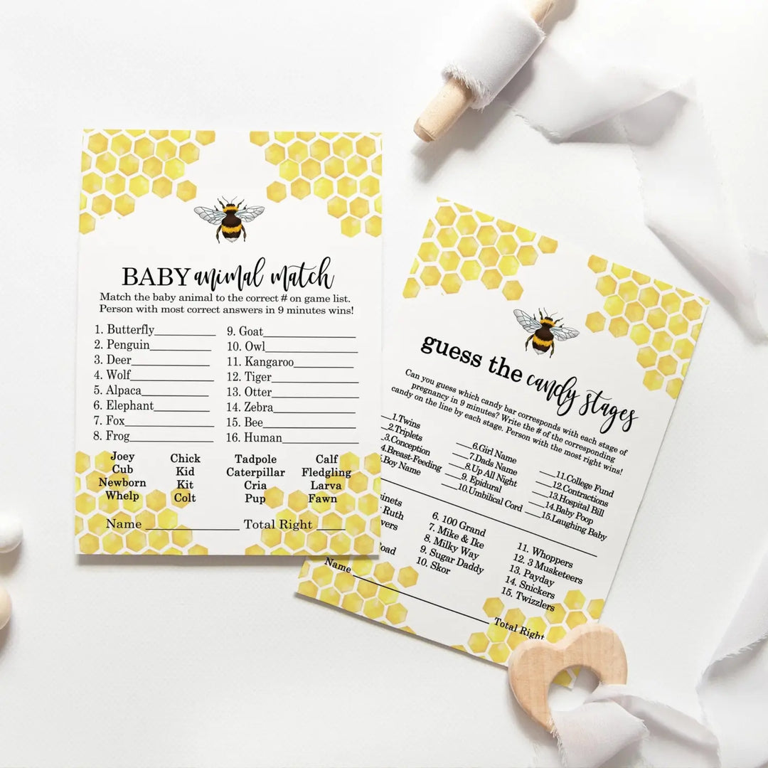 Mama Bee Baby Shower Game Set with Animal Match and Candy Bar Guessing, Yellow & Black, 5x7 Cards (25 ct)