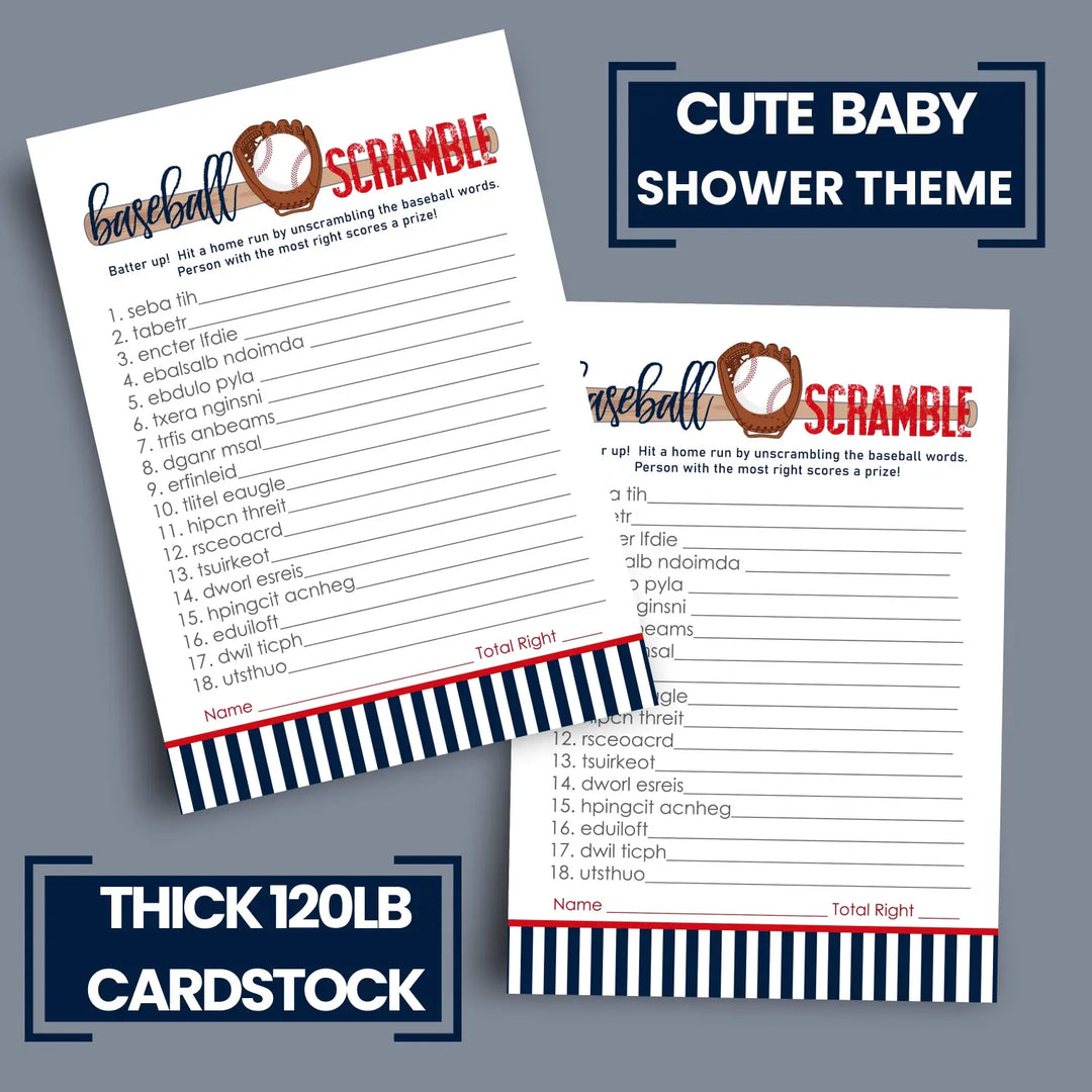 Baseball Word Scramble Baby Shower Games - Fun Unscramble Activities for Gender Reveal, Red and Blue Themes, 25 Cards