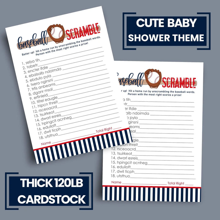 Baseball Word Scramble Baby Shower Games - Fun Unscramble Activities for Gender Reveal, Red and Blue Themes, 25 Cards