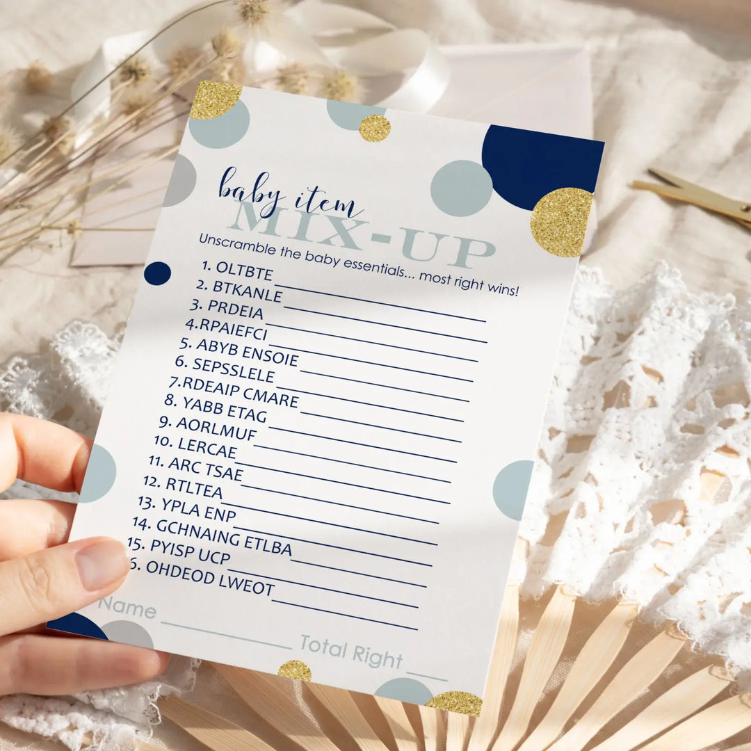 Navy & Gold Baby Shower Games Boy - Word Scramble Cards, Fun Gender Reveal Ideas, Royal Prince Themes, 25 Pack