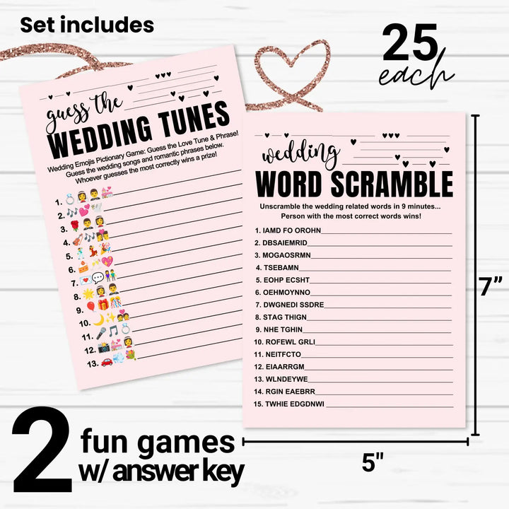 Paper Clever Party Bridal Shower Games (25 Each) Wedding Song Pictionary & Word Scramble Fun Guess Activity for Guests Engagement Party, Rehearsal Dinner, Minimalist Design Double-Sided Cards, Bundle