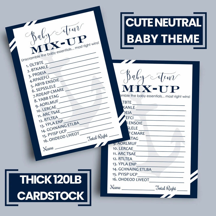 Nautical Baby Shower Games Boy - Word Scramble Cards, Fun Activities for Guests, Anchor Theme Party Favors, 25 Pack