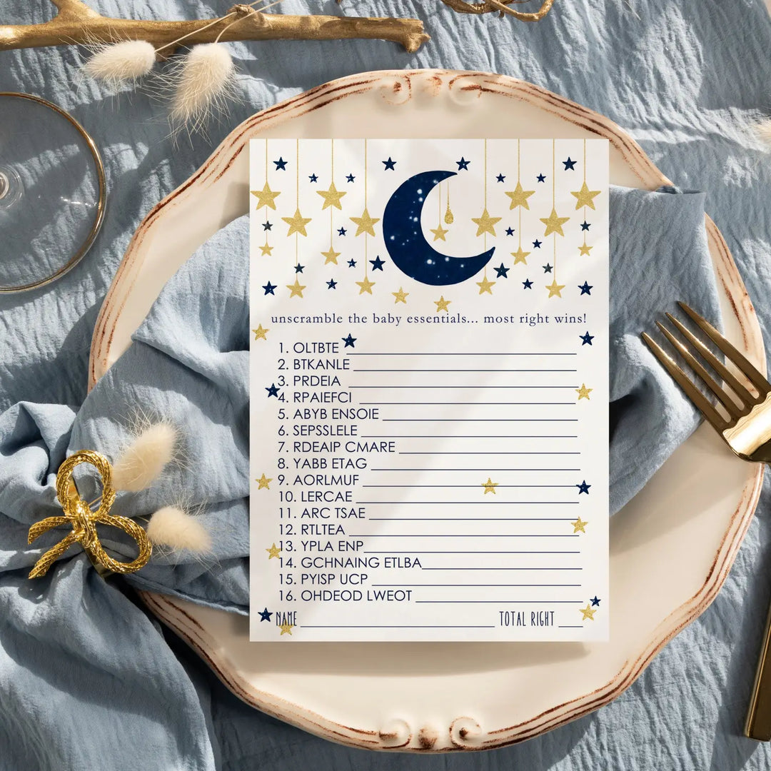 Twinkle Little Star Boy Baby Shower Games - Word Scramble Activities for Guests, Celestial Theme Decorations, Blue and Gold Favors, 25 Cards