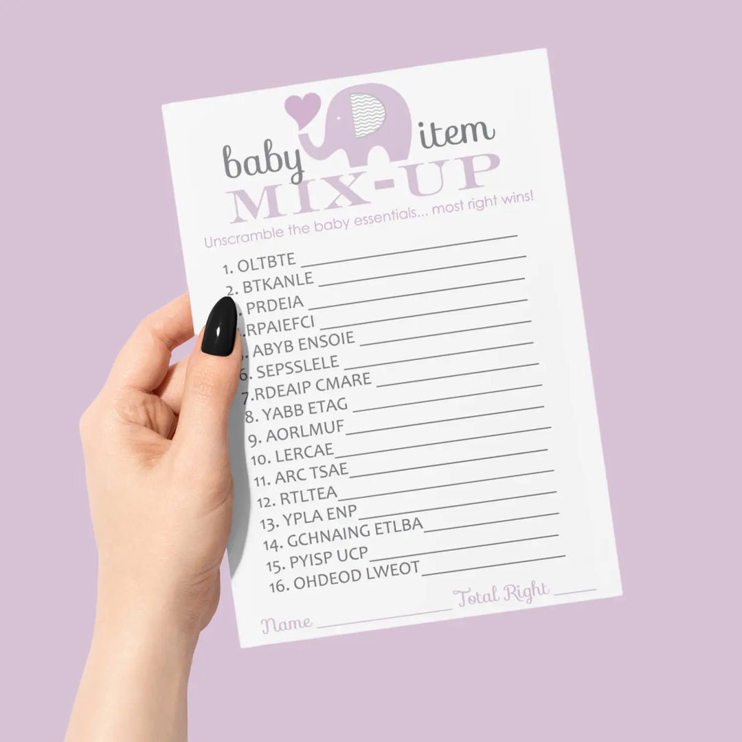 Purple Elephant Baby Shower Word Scramble Game