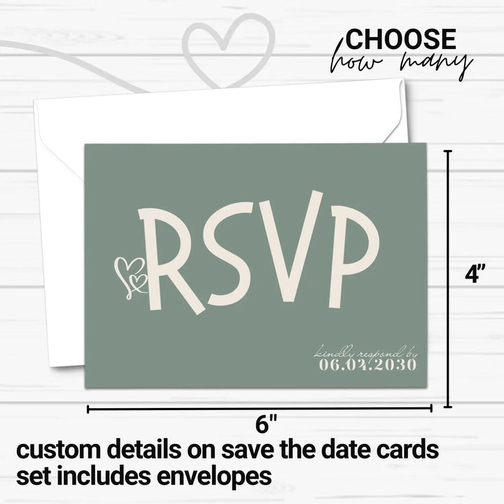 Custom Chocolate Cherry and Sage Green RSVP Cards - Premium 120lb Cardstock, Elegant Calligraphy, 4x6 Inch Size, Personalized Dates & Names