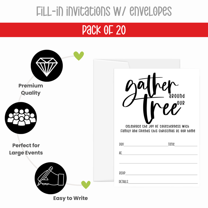 Elegant Black & White Christmas Tree Invitations - “Gather Around Our Tree” - 20 Pack - Paper Clever Party