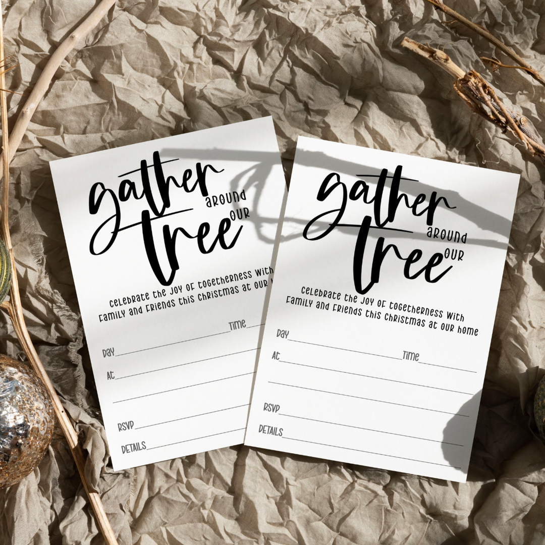 Elegant Black & White Christmas Tree Invitations - “Gather Around Our Tree” - 20 Pack - Paper Clever Party