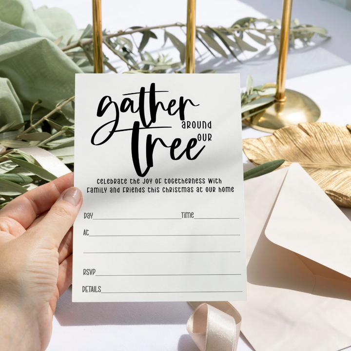 Elegant Black & White Christmas Tree Invitations - “Gather Around Our Tree” - 20 Pack - Paper Clever Party