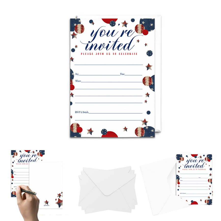 Festive Stars Invitations with Envelopes, 25 Pack, Red and Blue, 5x7 Blank Cards for All Occasions - Paper Clever Party