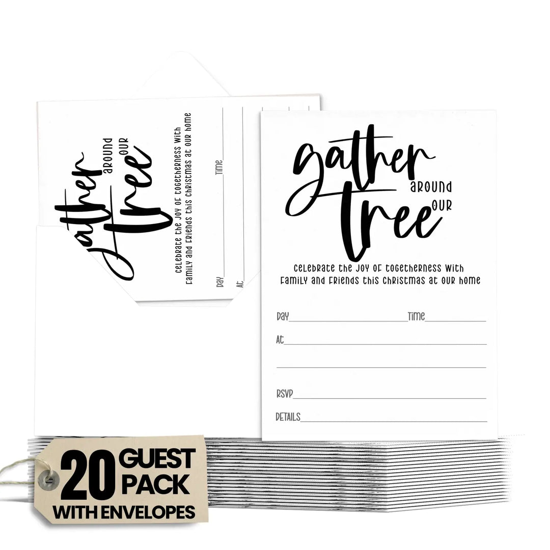 Elegant Black & White Christmas Tree Invitations - “Gather Around Our Tree” - 20 Pack