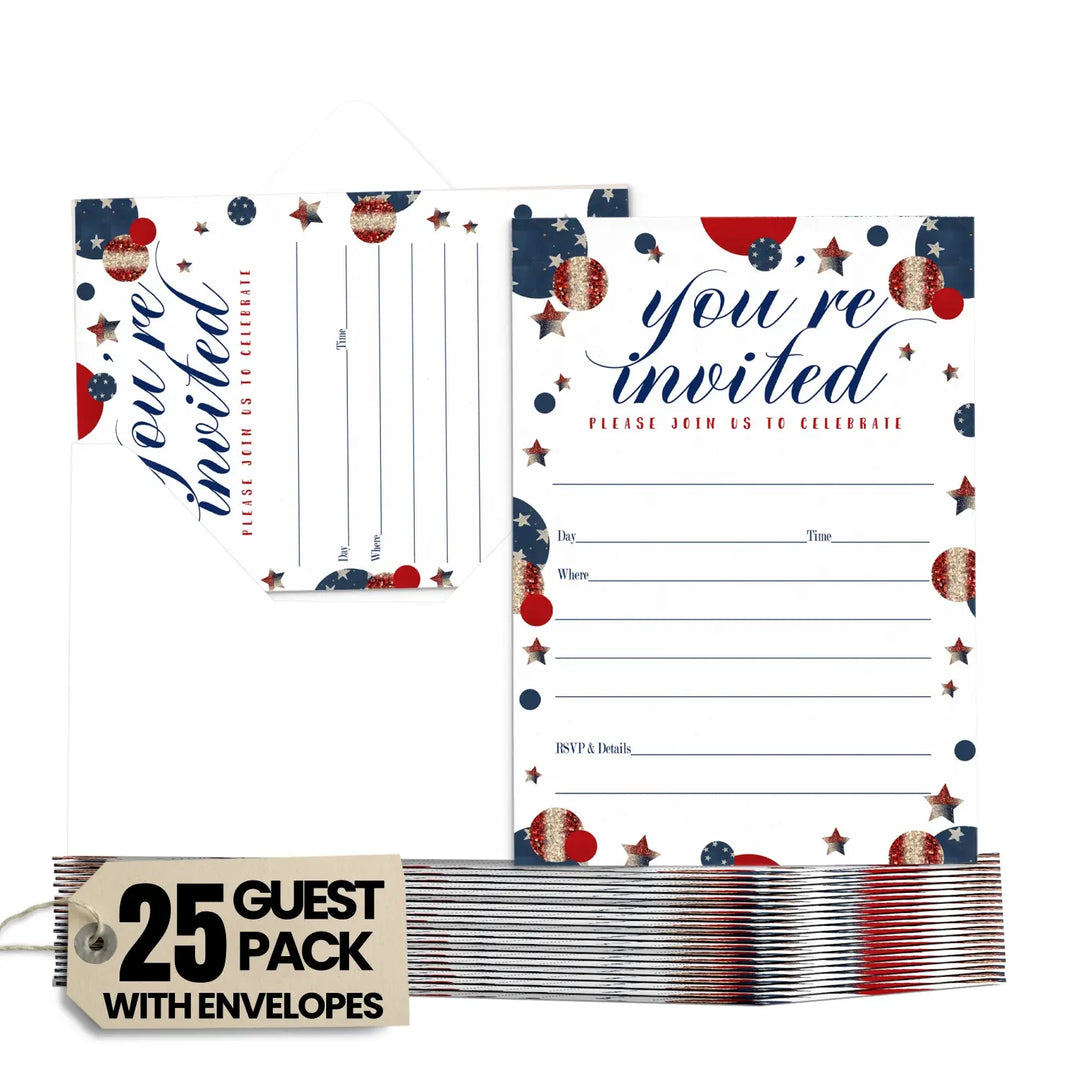 Festive Stars Invitations with Envelopes, 25 Pack, Red and Blue, 5x7 Blank Cards for All Occasions