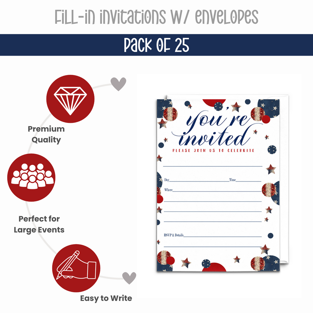 Festive Stars Invitations with Envelopes, 25 Pack, Red and Blue, 5x7 Blank Cards for All Occasions - Paper Clever Party