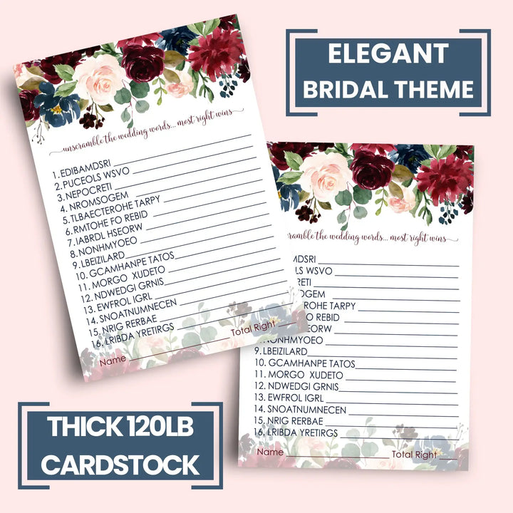 Blue Floral Bridal Shower Games - 25 Cards - Wedding Word Scramble Game Fun Guess Activity for Guests Engagement Party, Rehearsal Dinner, Burgundy and Gold Greenery Design