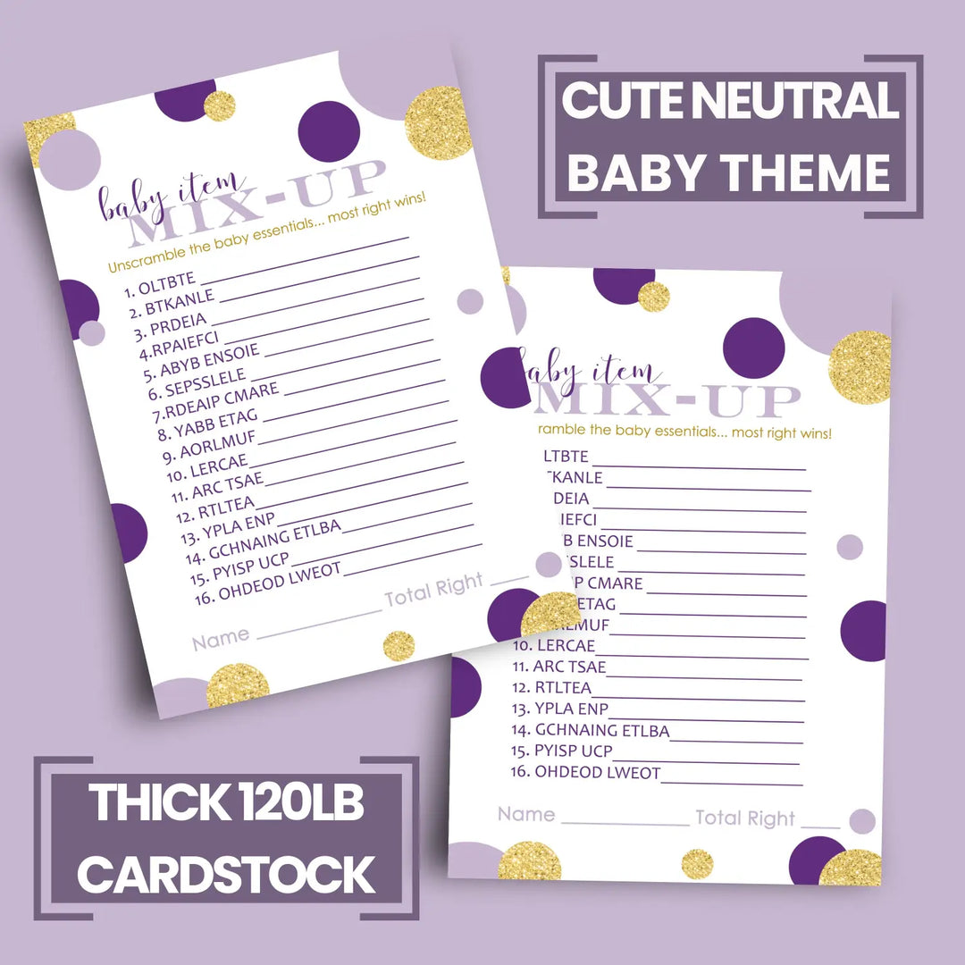 Purple and Gold Baby Shower Games for Girls - Word Scramble Gender Reveal Activities, Prince or Princess Themes, 25 Cards